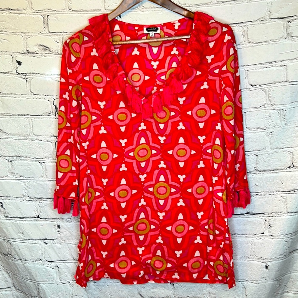 MudPie Pink Red Tassel Swimsuit Cover-Up Size Small Excellent Condition